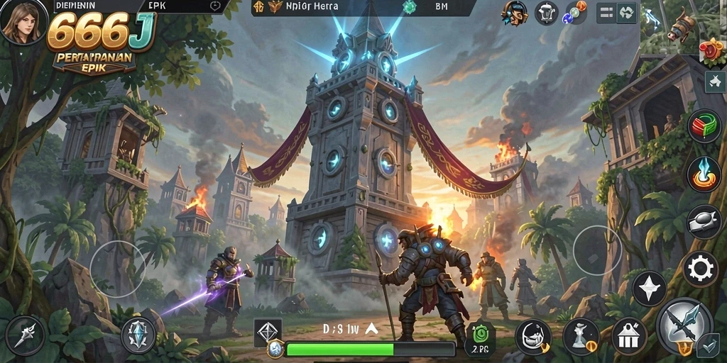 Screenshot gameplay 666J menampilkan menara yang siap bertempur melawan gelombang musuh.