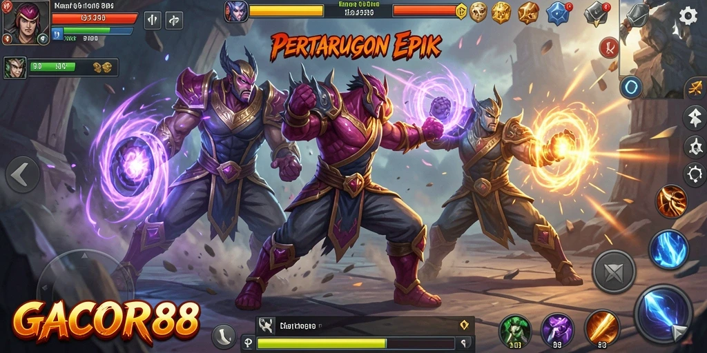 Screenshot GACOR88 menampilkan pertarungan seru antara karakter-karakter kuat.