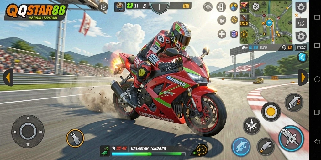 Screenshot gameplay QQSTAR88 menampilkan balapan motor yang mendebarkan.